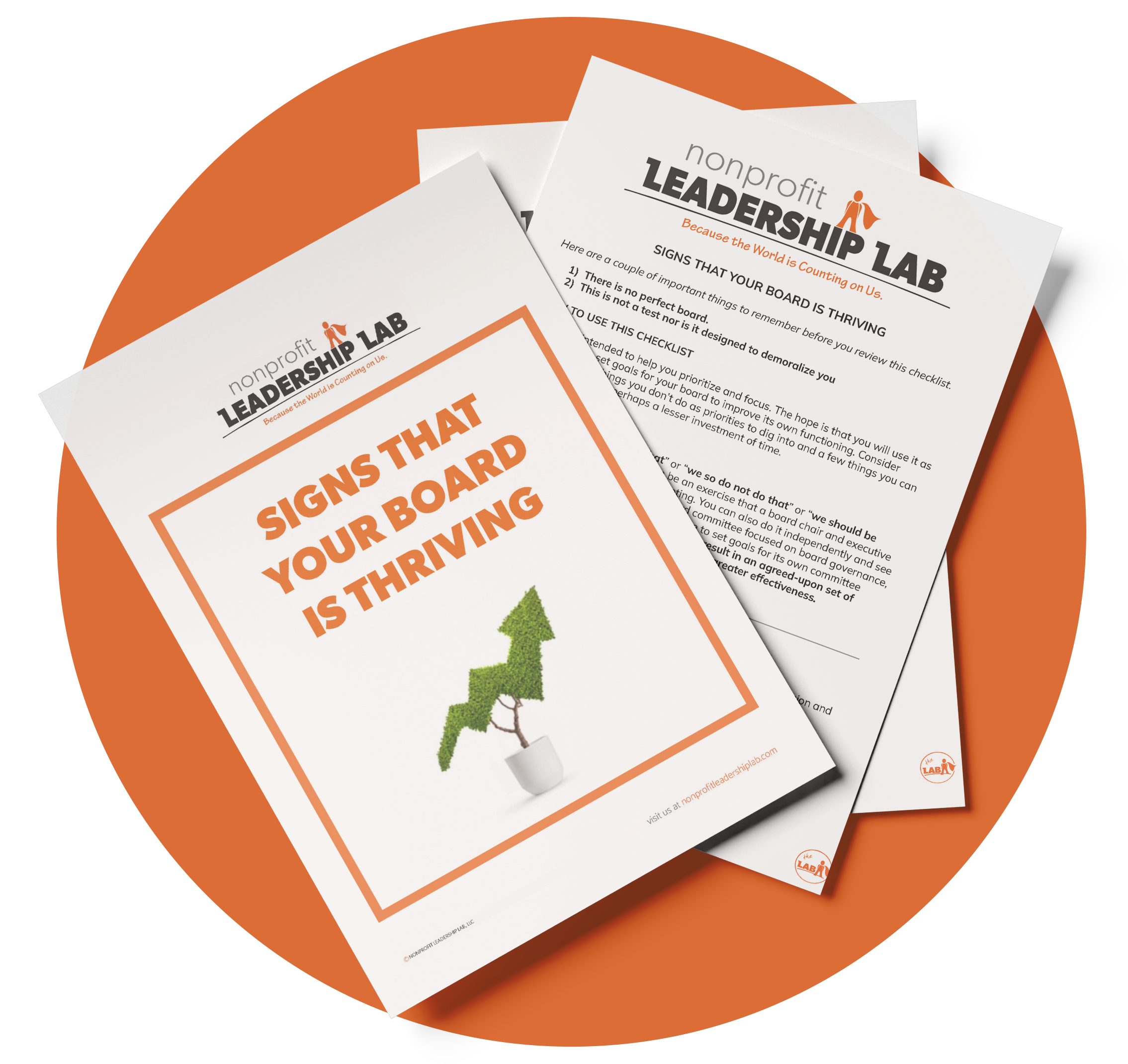 A mockup of a nonprofit board checklist resource, titled "Signs That Your Board Is Thriving" from the Nonprofit Leadership Lab, displayed on an orange circular background.