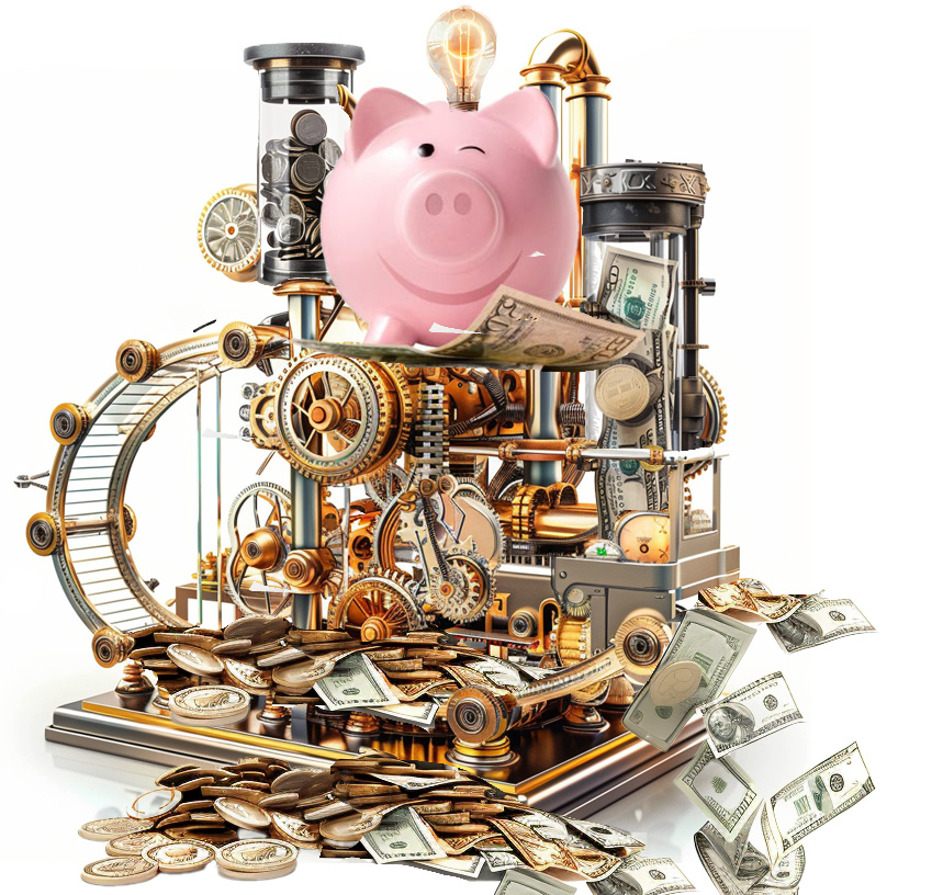 A complex, steampunk-style machine integrated with gears and pipes surrounds a pink piggy bank, with coins and dollar bills scattered around, illustrating a mechanical concept of saving or accumulating wealth.