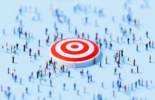 Activate board high performers Human crowd surrounding red target object on blue background.