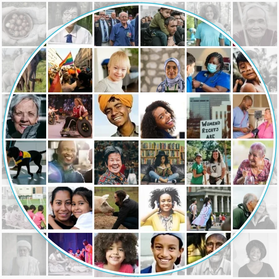 A circle of people of every age, color and ability, and the causes nonprofits serve, including LGBTQ+ pride, disability inclusion, veterans, refugees, health care, animal welfare, women’s rights, the environment and older adults.